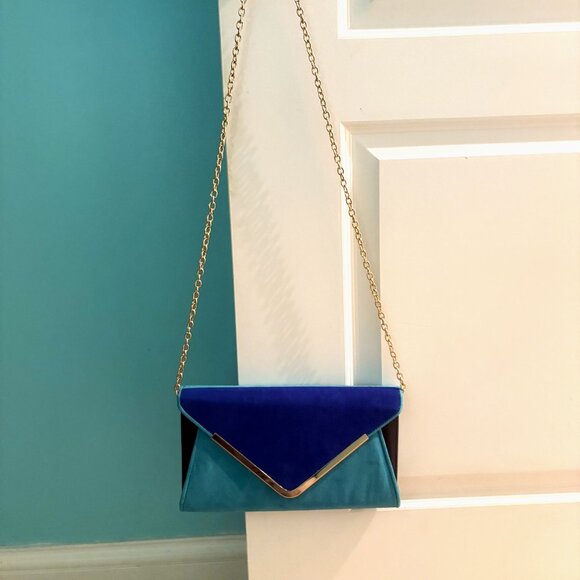 Aldo Color Block Teal and Cobalt Blue Suede Crossbody Clutch Gold Hardware NWT - Picture 8 of 12